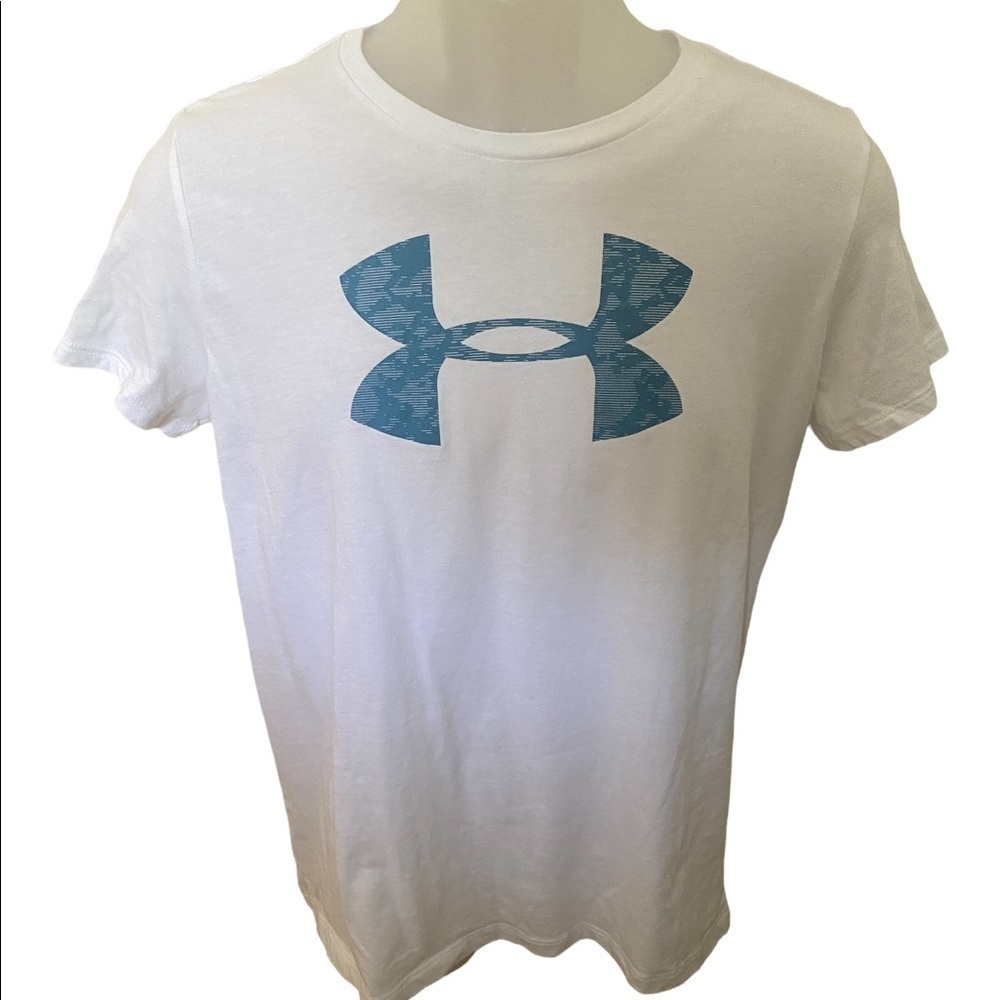 UNDER ARMOUR The Classic Tee White Shirt Blue Logo Women M Medium